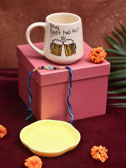 WEAVING HOMES - Bhai Hai Tu Mug And Sunshine Yellow Handmade Dessert Plate Rakhi Gift Box