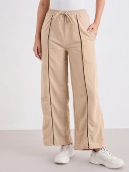Styli - Women Beige Wide Leg Trackpant with Side Seam Piping