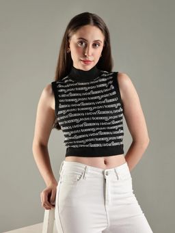 Tommy Hilfiger - Black Regular Fit Cotton High-Neck Crop Top