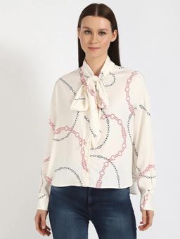 Tommy Hilfiger - Beige Relaxed Fit Viscose Pussy-Bow Neck Top