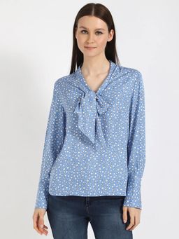 Tommy Hilfiger - Blue Relaxed Fit Viscose Pussy-Bow Neck Top