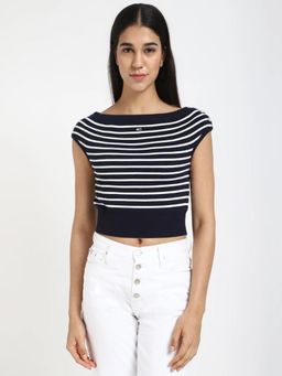 Tommy Hilfiger - Navy Blue Slim Fit Cotton Boat Neck Crop Top