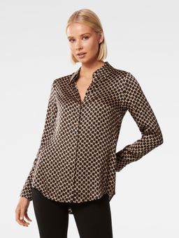 Forever New - Lila Long Line Black Printed Satin Shirt