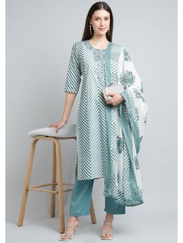 Zari Jaipur - Women Turquoise Mirror Work Kurta Pant with Dupatta