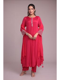 Zari Jaipur - Women Pink Mirror Work Anarkali Kurta Pant with Dupatta