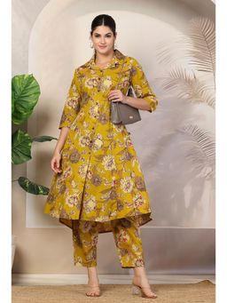 PISTAA - Women Mustard Pure Cotton Floral A-Line Printed Kurta and Pant