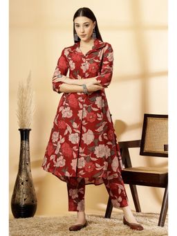 PISTAA - Women Maroon Pure Cotton Floral A-Line Printed Kurta and Pant