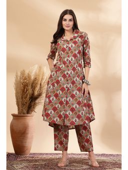 PISTAA - Women Maroon Pure Cotton Floral A-Line Printed Kurta and Pant