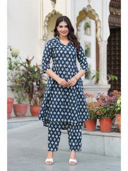 PISTAA - Women Navy Blue Pure Cotton Floral A-Line Printed Kurta and Pant