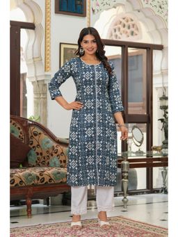 PISTAA - Women Nav y Blue Pure Cotton Floral Kurta and Pant