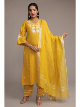 Zari Jaipur - Women Yellow Embroidered Kurta Pant with Dupatta