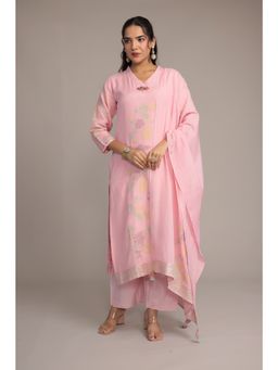 Zari Jaipur - Women Pink Embroidered Kurta Pant with Dupatta