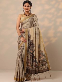 Libas - Women Beige Floral Printed Silk Blend Saree with Unstitched Blouse