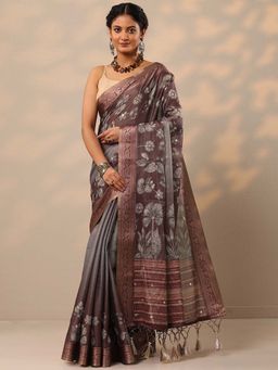 Libas - Women Grey and Brown Floral Printed Silk Blend Saree with Unstitched Blouse