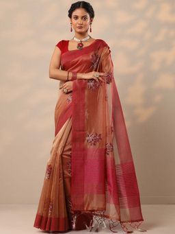 Libas - Women Rust Embroidered Organza Saree with Unstitched Blouse