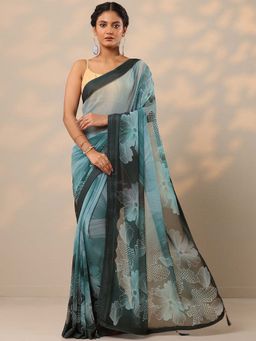 Libas - Women Teal Printed Pure Georgette Saree with Unstitched Blouse
