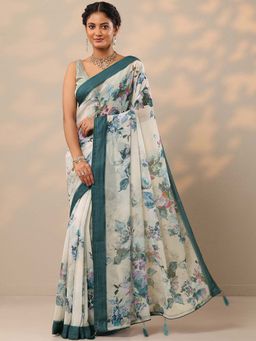 Libas - Women Cream Floral Printed Pure Georgette Saree with Unstitched Blouse