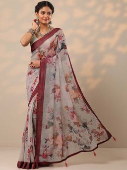 Libas - Women Maroon-Grey Floral Printed Pure Georgette Saree with Unstitched Blouse