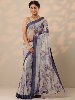 Libas - Women Blue-Grey Floral Printed Pure Georgette Saree with Unstitched Blouse