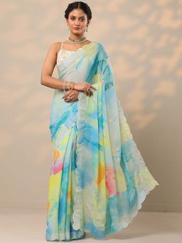 Libas - Women Blue Printed Embellished Silk Blend Saree with Unstitched Blouse