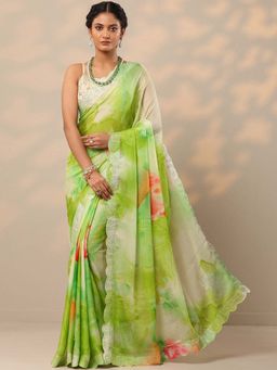 Libas - Women Green Printed Embellished Silk Blend Saree with Unstitched Blouse