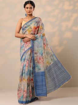 Libas - Women Blue Floral Printed Sequined Nylon Saree with Unstitched Blouse