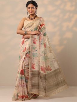 Libas - Women Beige Floral Printed Sequined Nylon Saree with Unstitched Blouse