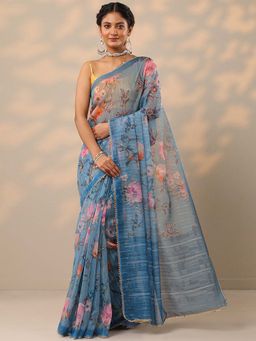 Libas - Women Blue Floral Printed Sequined Nylon Saree with Unstitched Blouse