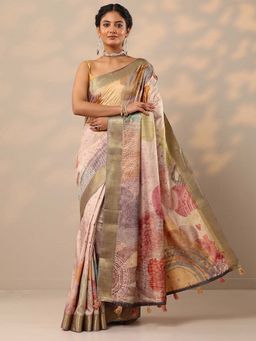 Libas - Women Beige Floral Printed Woven Silk Blend Saree with Unstitched Blouse