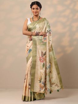 Libas - Women Beige Floral Printed Woven Silk Blend Saree with Unstitched Blouse