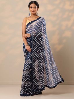 Libas - Women Navy Blue Printed Embroidered Border Saree with Unstitched Blouse