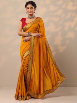Libas - Women Mustard Solid Woven Design Silk Blend Saree with Unstitched Blouse