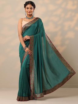 Libas - Women Teal Solid Woven Design Silk Blend Saree with Unstitched Blouse