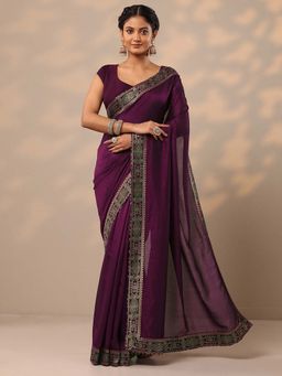Libas - Women Wine Solid Woven Design Silk Blend Saree with Unstitched Blouse
