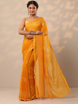 Libas - Women Mustard Bandhani Printed Pure Chiffon Saree with Unstitched Blouse