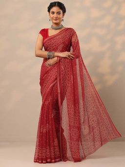 Libas - Women Red Bandhani Printed Pure Chiffon Saree with Unstitched Blouse