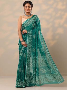 Libas - Women Teal Bandhani Printed Pure Chiffon Saree with Unstitched Blouse