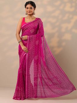 Libas - Women Rani Pink Bandhani Printed Pure Chiffon Saree with Unstitched Blouse
