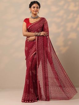 Libas - Women Maroon Bandhani Printed Pure Chiffon Saree with Unstitched Blouse