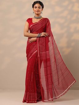 Libas - Women Red Bandhani Printed Pure Chiffon Saree with Unstitched Blouse