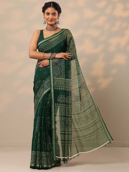 Libas - Women Green Bandhani Printed Pure Chiffon Saree with Unstitched Blouse