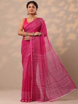 Libas - Women Pink Bandhani Printed Pure Chiffon Saree with Unstitched Blouse