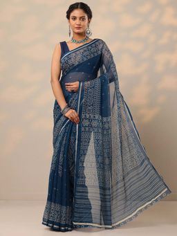 Libas - Women Navy Blue Bandhani Printed Pure Chiffon Saree with Unstitched Blouse