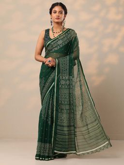 Libas - Women Green Bandhani Printed Pure Chiffon Saree with Unstitched Blouse