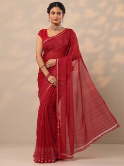 Libas - Women Red Bandhani Printed Pure Chiffon Saree with Unstitched Blouse