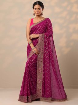 Libas - Women Magenta Bandhani Printed Pure Georgette Saree with Unstitched Blouse