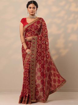 Libas - Women Maroon Bandhani Printed Pure Georgette Saree with Unstitched Blouse
