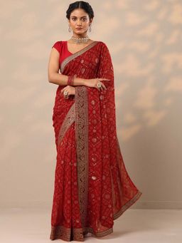 Libas - Women Pure Georgette Maroon Bandhani Printed Saree with Unstitched Blouse