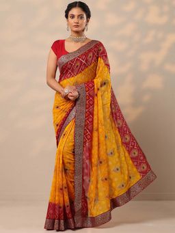 Libas - Women Yellow Bandhani Printed Pure Georgette Saree with Unstitched Blouse
