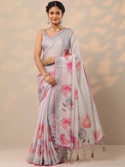 Libas - Women Grey Floral Printed Pure Crepe Saree with Unstitched Blouse